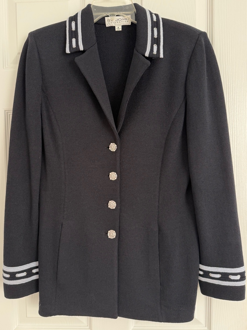 St. John Navy Santana Knit Button-Front Jacket with Contrast Trim